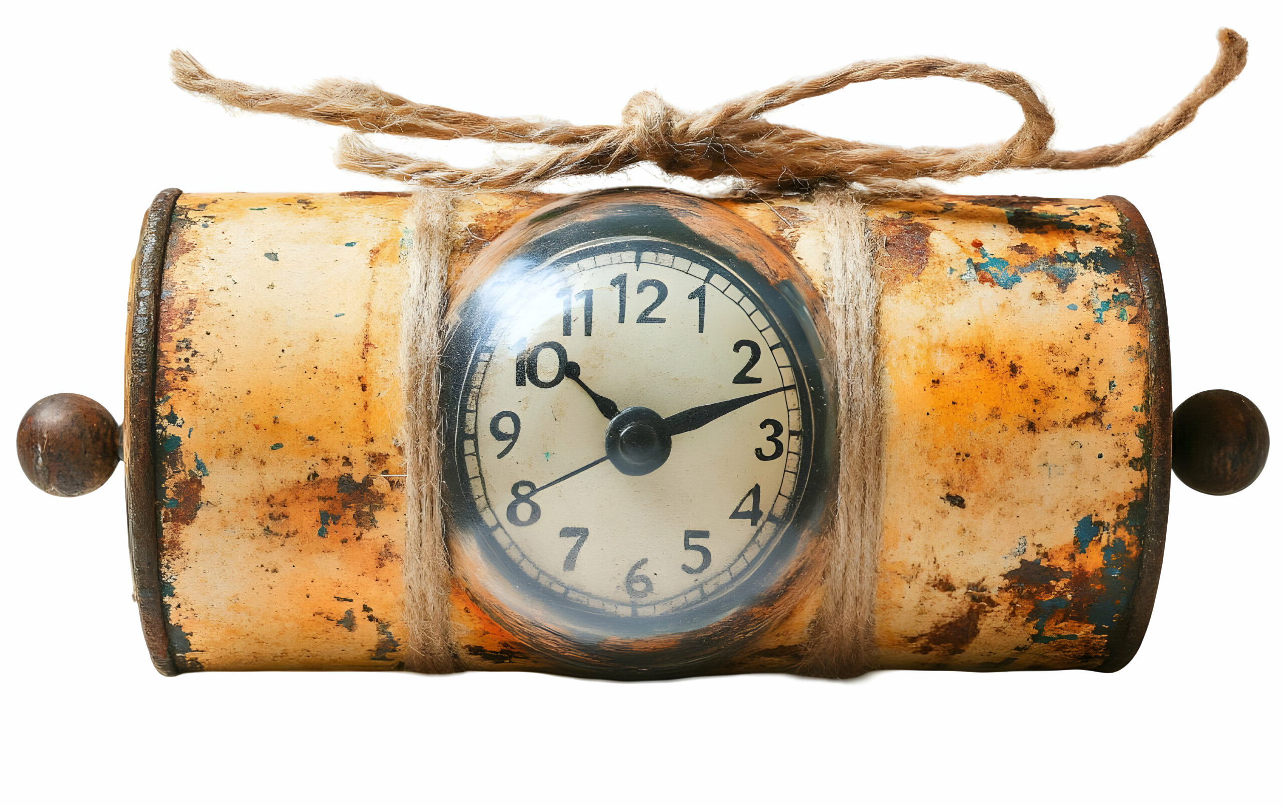 Rostige Zeitbombe mit analoger Uhr